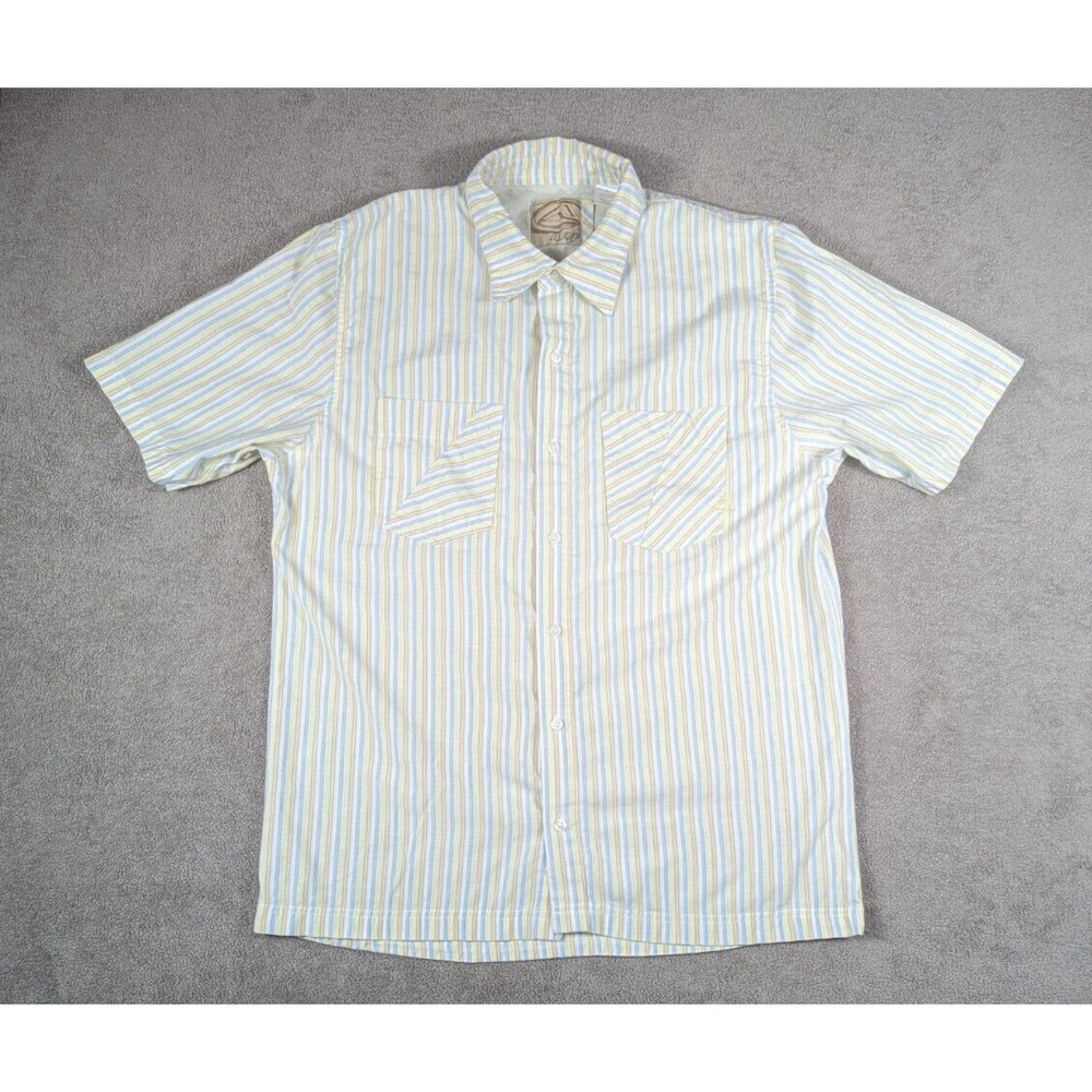 REEF Mens Striped Button-up Shirt Size L‎ Colors Yellow, Blue, White, And Brown.